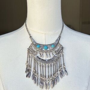 Boho Turquoise Statement Necklace Tribal Fringe Bib Necklace Silver Tone